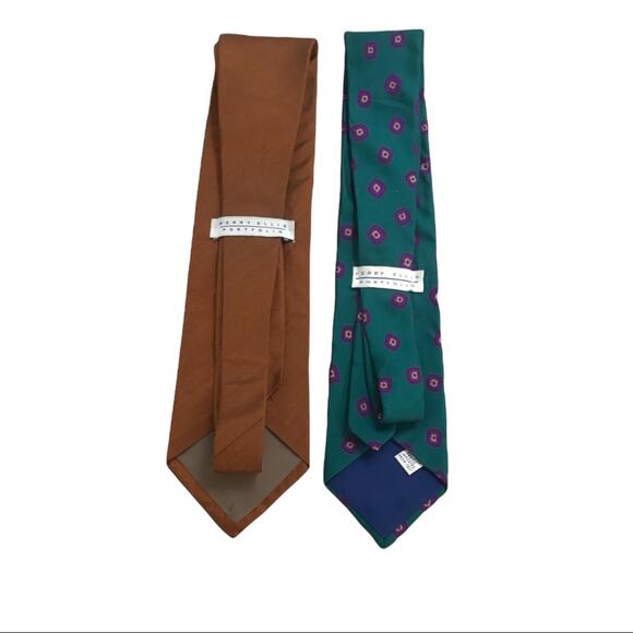 2 Perry Ellis Portfolio 100% Silk Ties Solid Bronze and Green & Purple Patterned - Picture 2 of 6